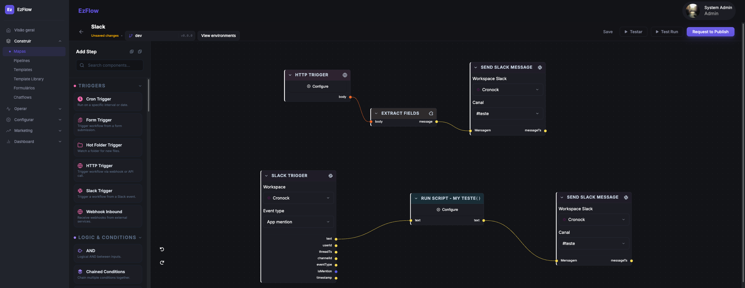 EzFlows visual workflow builder with trigger, extract-fields and send-message nodes